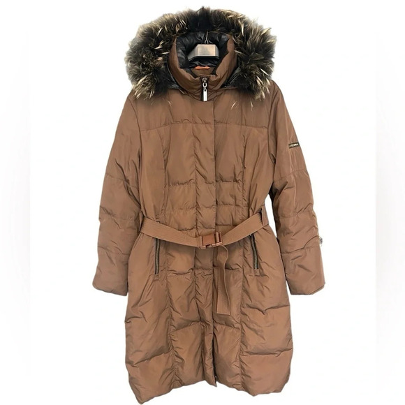 Marcona fully down long parka with  real feather trim size L belted. Great cond - Picture 1 of 12